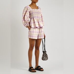 NWT Ganni Smocked Seersucker Plaid Top Ballon Sleeves Purple Pink Poplin us 8/10